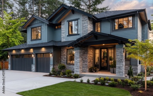 A modern two-story home in the Pacific Northwest with green-colored siding, stone accents on exterior walls and the front door, black windows, and double garages