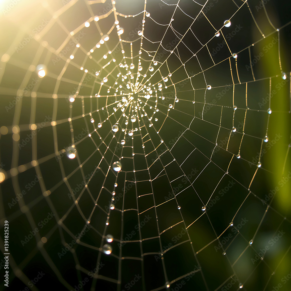 Fototapeta premium A delicate spider web covered in dew drops glistens in soft morning or evening light. The intricate details and bokeh background create a mystical atmosphere.