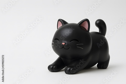 A cute black cat art toy made of glossy plastic, posed in a playful stretching position with its tail curled upward and front paws extended.