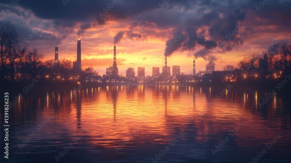 Fototapeta premium Industrial sunset over a calm river