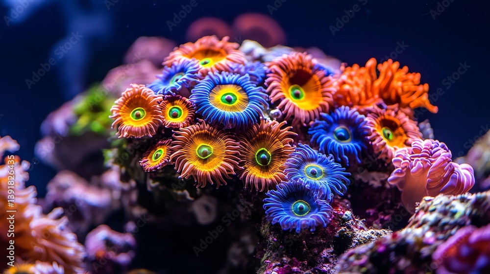 Obraz premium Closeup of a stunning coral reef aquarium showcasing vibrant orange, blue, and pink anemones. The image evokes a feeling of underwater wonder. Perfect for aquarium, nature, or marine life projects.