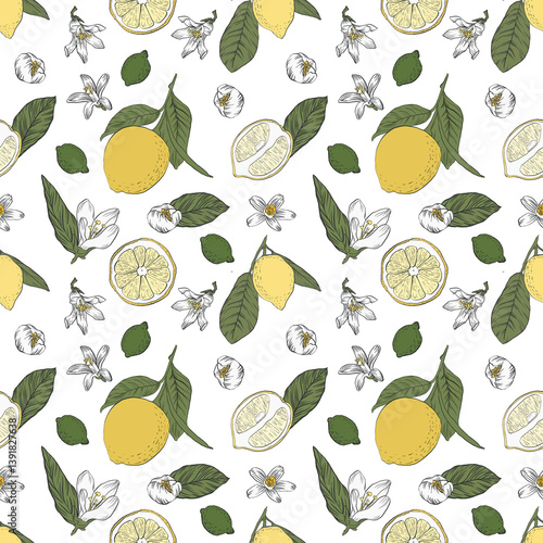  Lemon Blossom Seamless Pattern with fruits, blossoms, and leaves