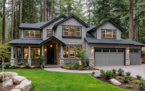 a modern two-story home in the Pacific Northwest with a green exterior, stone accents, and large windows