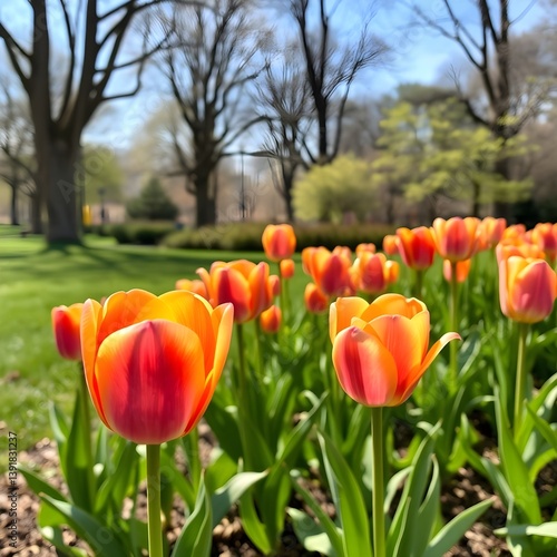Clear weather, beautifully blooming tulips in the park