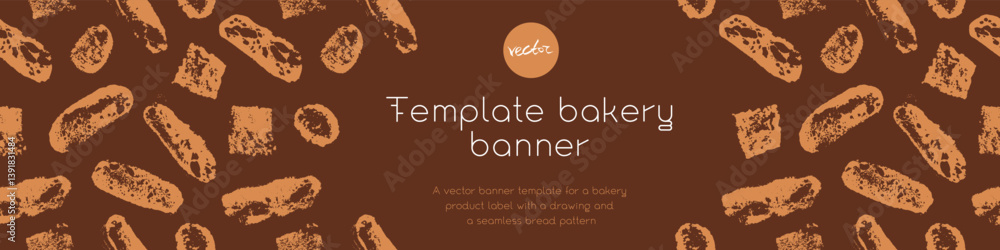 Obraz premium Template bakery banner design with bread pattern - vector brown bread slices ornament, white baguette illustrations - rustic food concept - bakery products label background
