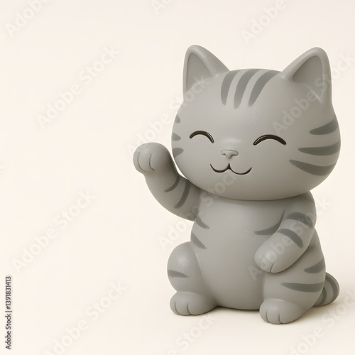 A cute tabby lucky cat (maneki-neko) art toy with a raised paw and smiling face, designed in a minimalist and modern style.