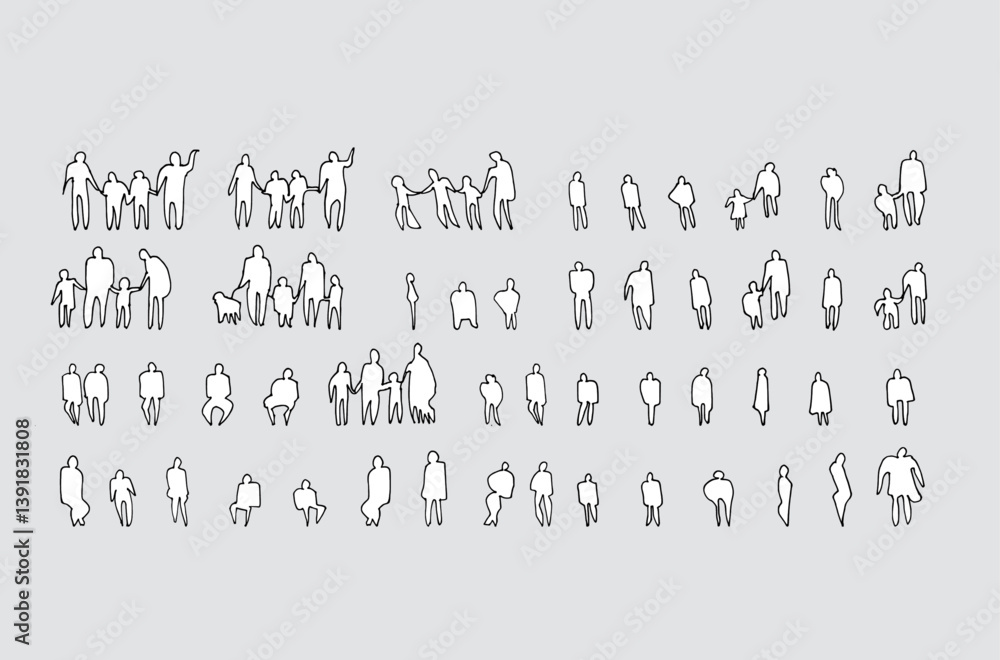 Fototapeta premium Architectural Drawings, people vector in park out door illustration, Minimal style hand drawn, set elements for architecture and landscape design. Sections, Elevations, Floor Plans.