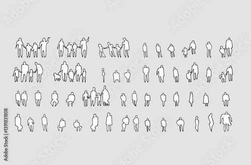 Architectural Drawings, people vector in park out door illustration, Minimal style hand drawn, set elements for architecture and landscape design. Sections, Elevations, Floor Plans.