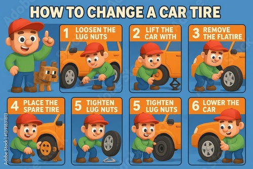 Mechanic demonstrating flat tire replacement process, removing lug nuts, using jack, changing wheel on roadside with professional precision and safety