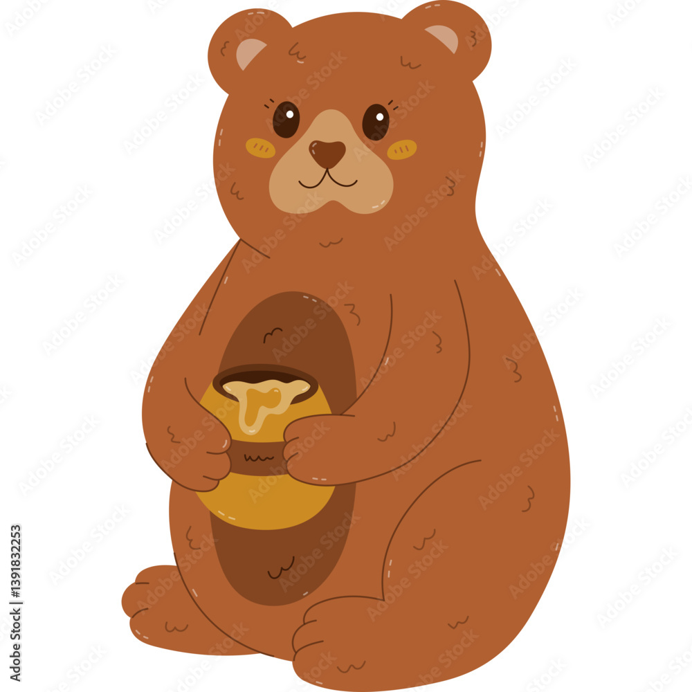 Fototapeta premium Lovely cartoon sitting bear with honey pot with dripping gold syrup. Joyful hand drawn wild animal character who love sweets. Cheerful teddy bear holding honey jar isolated on white background.