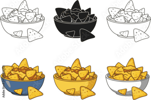 set of Cartoon Bowl of Nachos and Cheese, or Tortilla Chips Clipart on a Transparent Background - Outline, Silhouette and Color Variations
