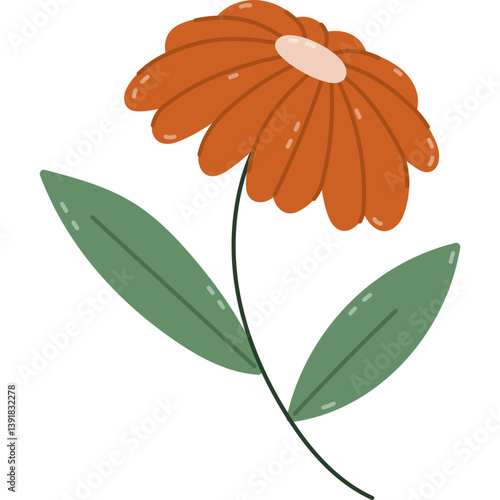 Lovely cartoon growing gerbera daisy with orange petals and leaves on stem. Romantic blooming wild meadow flower. Springtime wildflower isolated. Vibrant floral clipart for Easter, Valentine design.