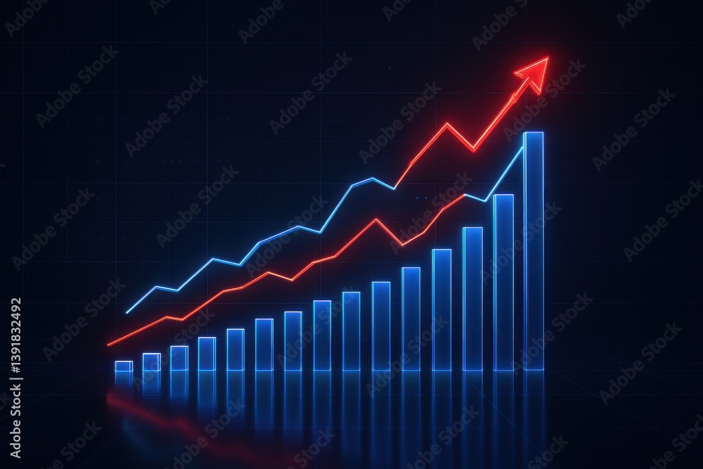 Futuristic glowing business chart with red and blue upward trend lines and bar graph on dark background, symbolizing data growth, success, and financial analytics Futuristic glowing business chart with red and blue upward trend lines and bar graph on dark background, symbolizing data growth, success, and financial analytics