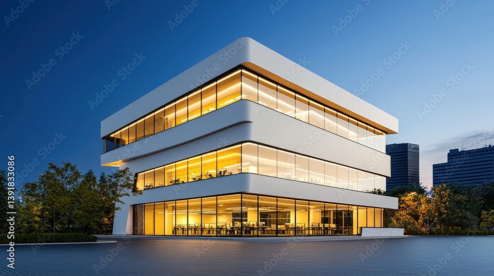 Obraz premium A futuristic 3D office building with illuminated windows, night backdrop, offset left with copy space on the right, bold poster appeal