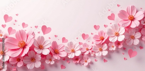 Floral wave with delicate hearts in a soft pink and white color palette, holiday, delicate, whimsical