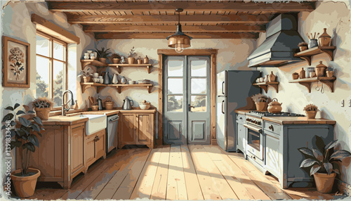 Sunlit Farmhouse Kitchen with Rustic Charm and Natural Light