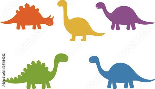 set of Simple Dinosaur Silhouette Clipart for Kids, set on a Transparent Background with Rainbow Colors
