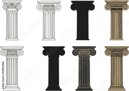 set of Greek Columns Clipart - Outline, Silhouette & Color
