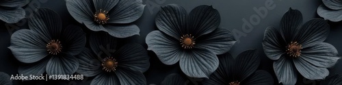 Intricate textured pattern featuring large scale black flowers with subtle veins and delicate stems set against a dark charcoal background, sophisticated, luxury
