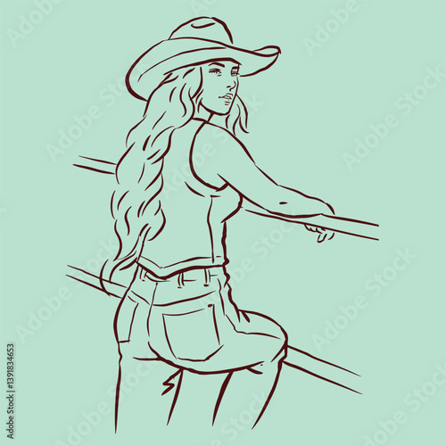 cowgirl in jeans posies against a fence vector for illustration card decoration 