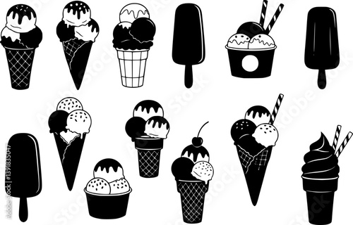 set of Hard Scoop Ice Cream Cones & Cups Clipart. set of Ice Cream with Flavours in Cones & Cups Clipart
