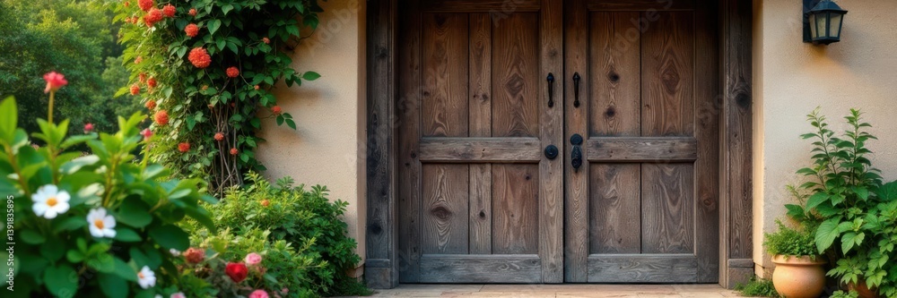 Rustic wooden door with plants and flowers , rustic, natural Rustic wooden door with plants and flowers , rustic, natural