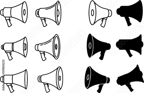 set of Cheerleader Megaphone Clipart Set - Outline and Silhouette
