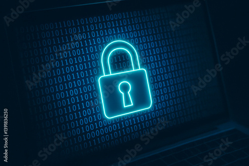 A digital padlock glowing on a computer screen with a matrix of binary code in the background, dark tech theme