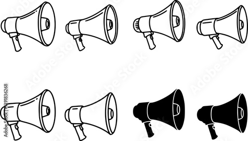 set of Cheerleader Megaphone Clipart Set - Outline and Silhouette
