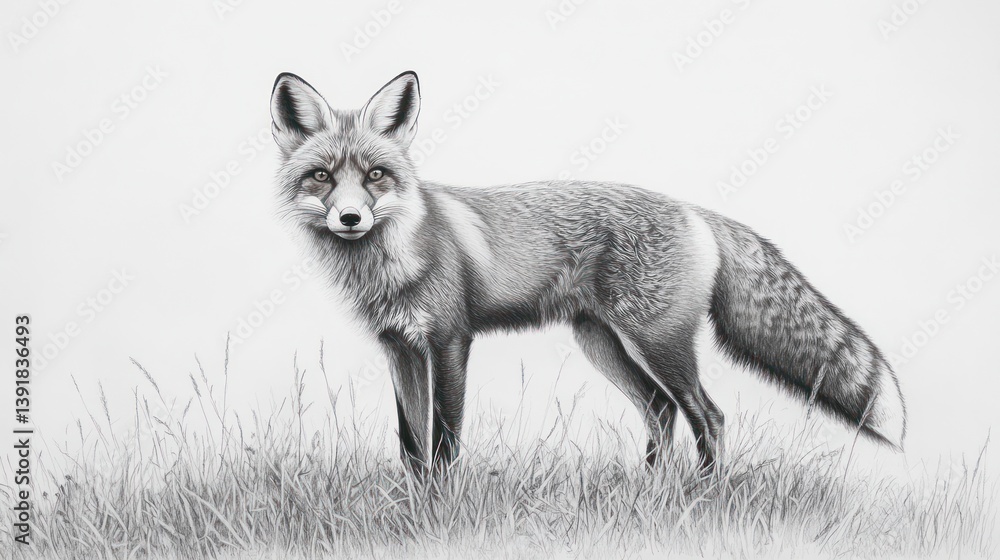 Gray Fox in Meadow; Wildlife Portrait; Artistic Render; Stock Photo Gray Fox in Meadow; Wildlife Portrait; Artistic Render; Stock Photo