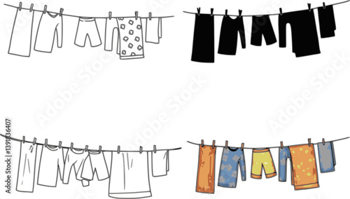 set of Clothes Line or Clothing Hanging on a Laundry Line Clipart - Outline, Silhouette & Color
