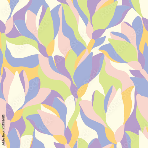 Artistic botanical vector background. Decorative seamless pattern with abstract shapes of leaves and herbs. Artisanal allover print in style of stained glass, for fabric, textile, paper, package