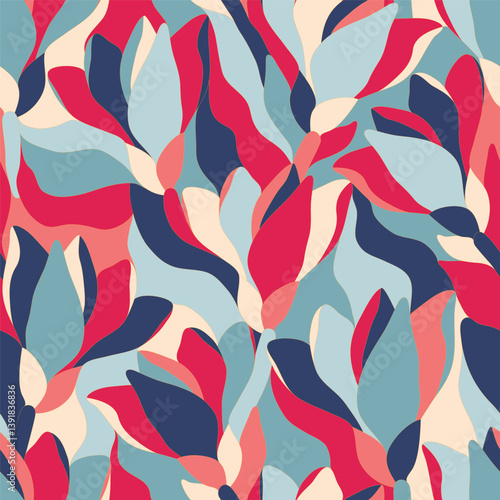 Artistic botanical vector background. Decorative seamless pattern with abstract shapes of leaves and herbs. Artisanal allover print in style of stained glass, for fabric, textile, paper, package