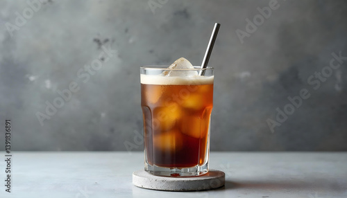 Minimalist Iced Americano with Perfect Crema in Geometric Glass on Concrete