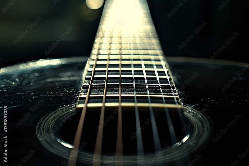 Obraz premium Close Up of Acoustic Guitar Neck and Strings with Soft Lighting