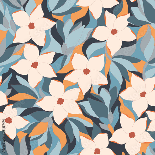 Artistic botanical vector background. Decorative seamless pattern with abstract shapes of leaves and herbs. Artisanal allover print in style of stained glass, for fabric, textile, paper, package