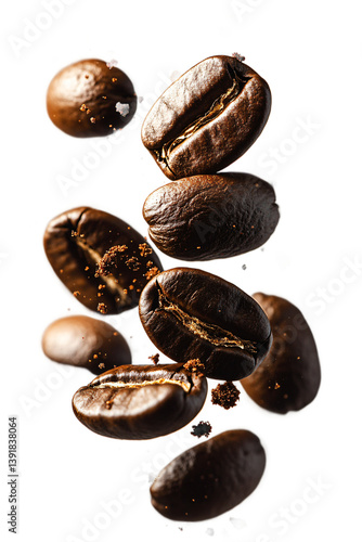  Dark roasted coffee beans suspended in air on transparent background, perfect for coffee brewing tutorial and specialty drink recipes 