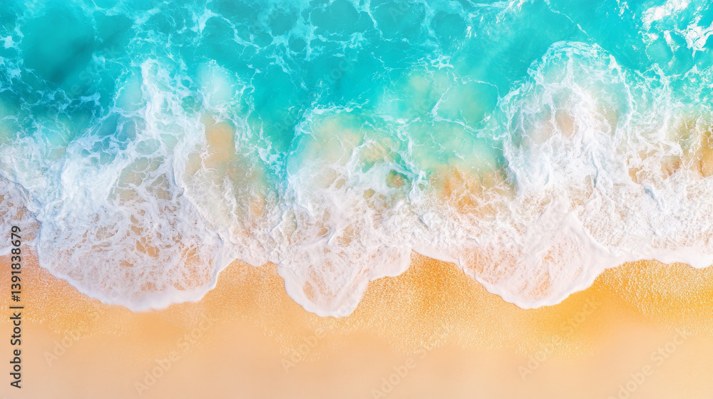 Aerial view of sea waves gently crashing on sandy beach, showcasing vibrant turquoise water and soft golden sand, evoking tranquility and beauty Aerial view of sea waves gently crashing on sandy beach, showcasing vibrant turquoise water and soft golden sand, evoking tranquility and beauty