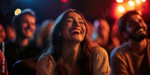 Group of people laughing at stand up comedy performance. Men and women with excited expressions on their faces.