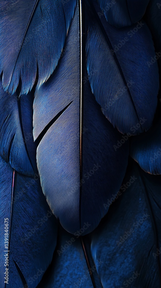 Obraz premium Close up of Deep Blue Bird Feathers with Intricate Textures and Layered Patterns Phone Wallpaper | HD Vertical Mobile Background