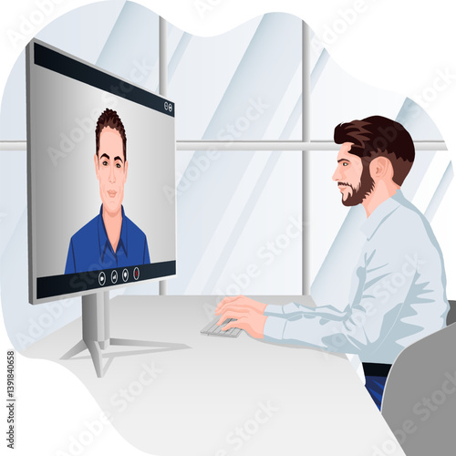 Businessman on a video call with stakeholder Business talk, growth strategies, and confidence in every decision. Flat vector illustration.
