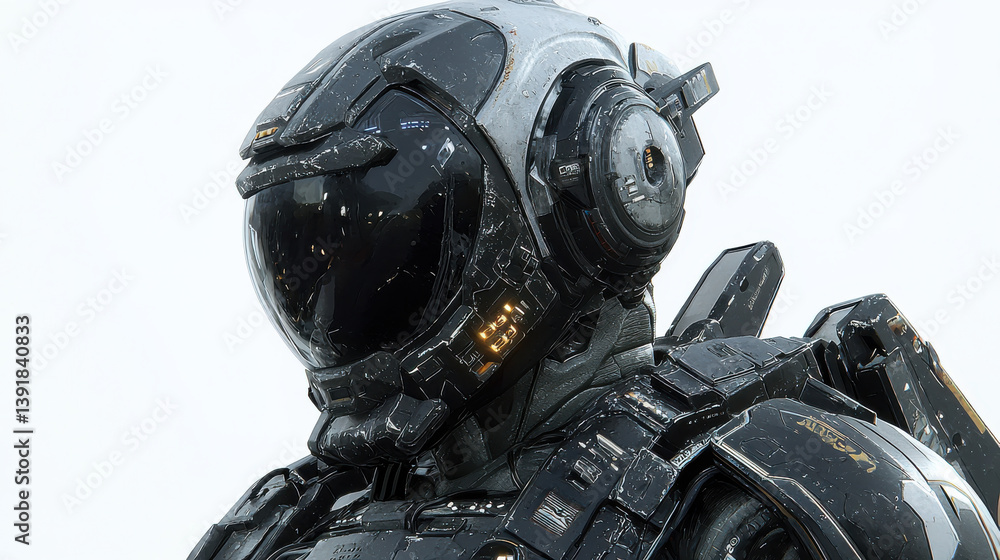 Futuristic robotic soldier in detailed armored suit with sleek helmet design, set against blank white background Futuristic robotic soldier in detailed armored suit with sleek helmet design, set against blank white background