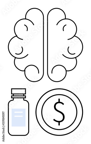 Brain at top, medicine bottle to the left, and coin with dollar sign to the right. Ideal for themes of mental health, pharmaceuticals, cost of care, decision-making, innovation, economy