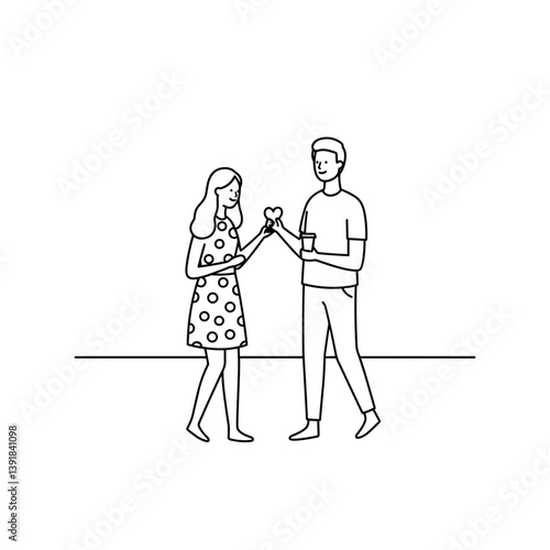 Couple joyfully proposing engagement in minimalistic line art  