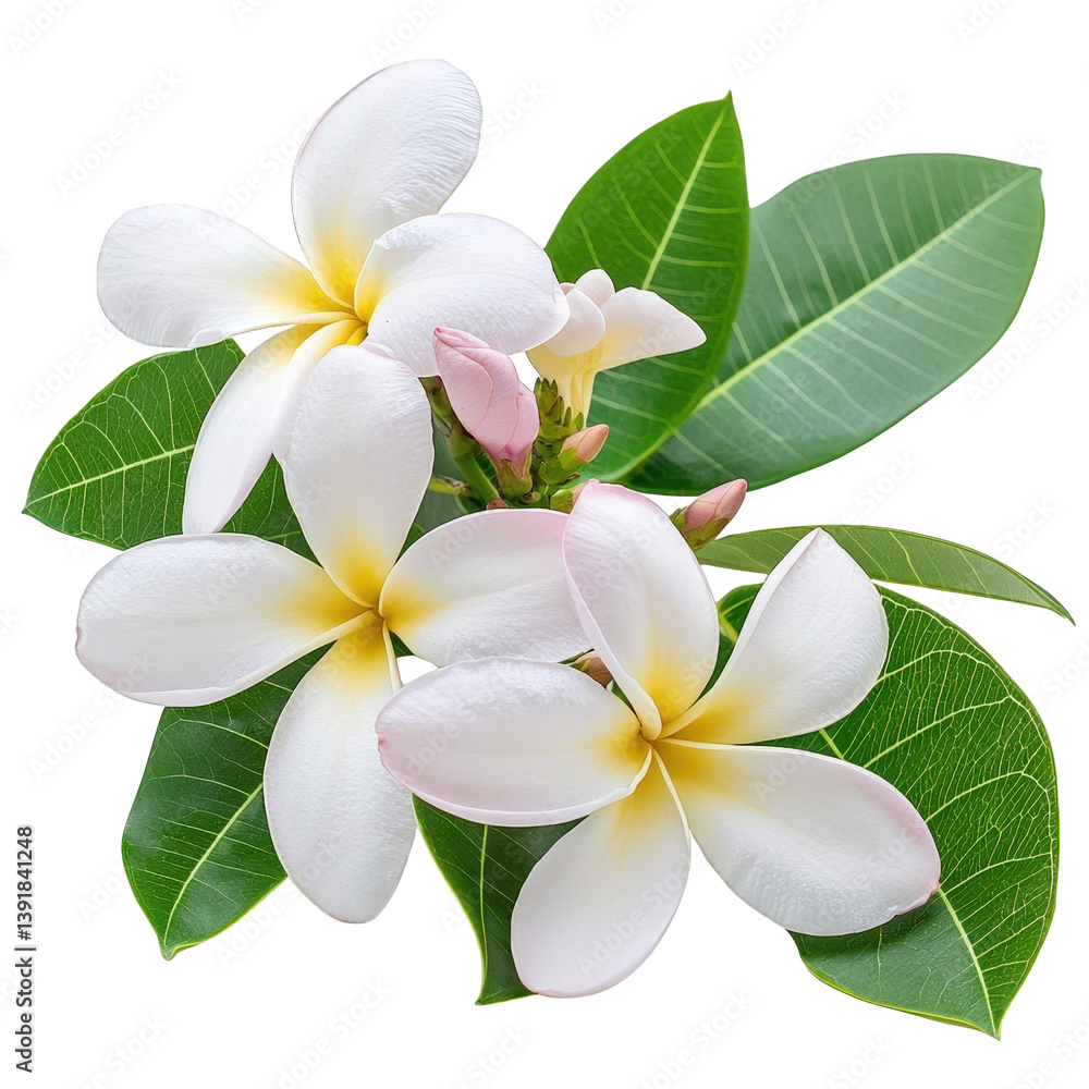 Fototapeta premium Elegant white flower with lush green leaves set against a clean transparent background for artistic display