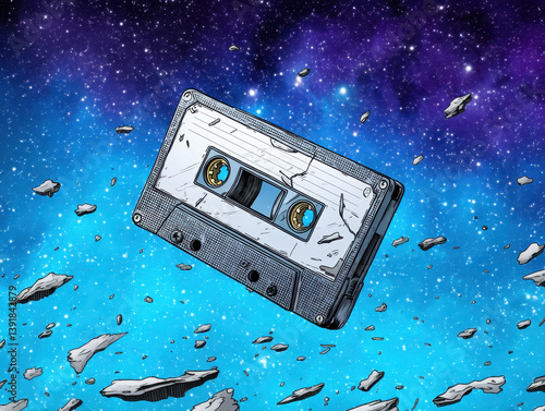 Retro Cassette Tape in a Pixelated Cosmic Landscape