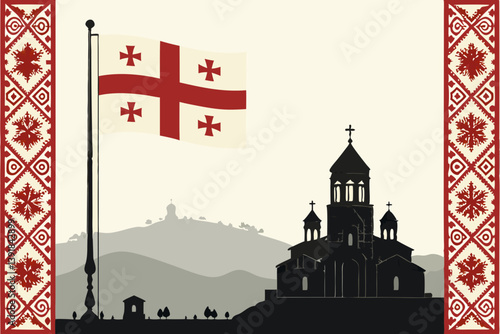 Georgian Flag and Church Silhouette with Traditional Pattern  