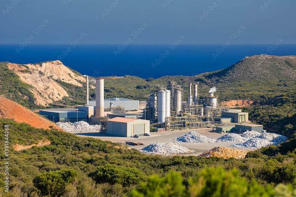 Fototapeta premium Polluted landscape featuring a factory complex near coast amid green hills and blue ocean
