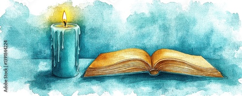 Wallpaper Mural Close Up Shot of a Candle Next to an Open Book Resting on a Table with Soft Blue Watercolor Background in Low Resolution Torontodigital.ca