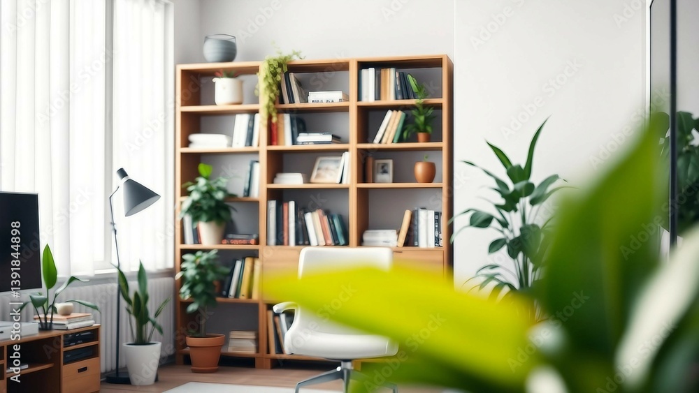 A zoom background photo of a minimalist modern office with a bookshelf and plants A zoom background photo of a minimalist modern office with a bookshelf and plants